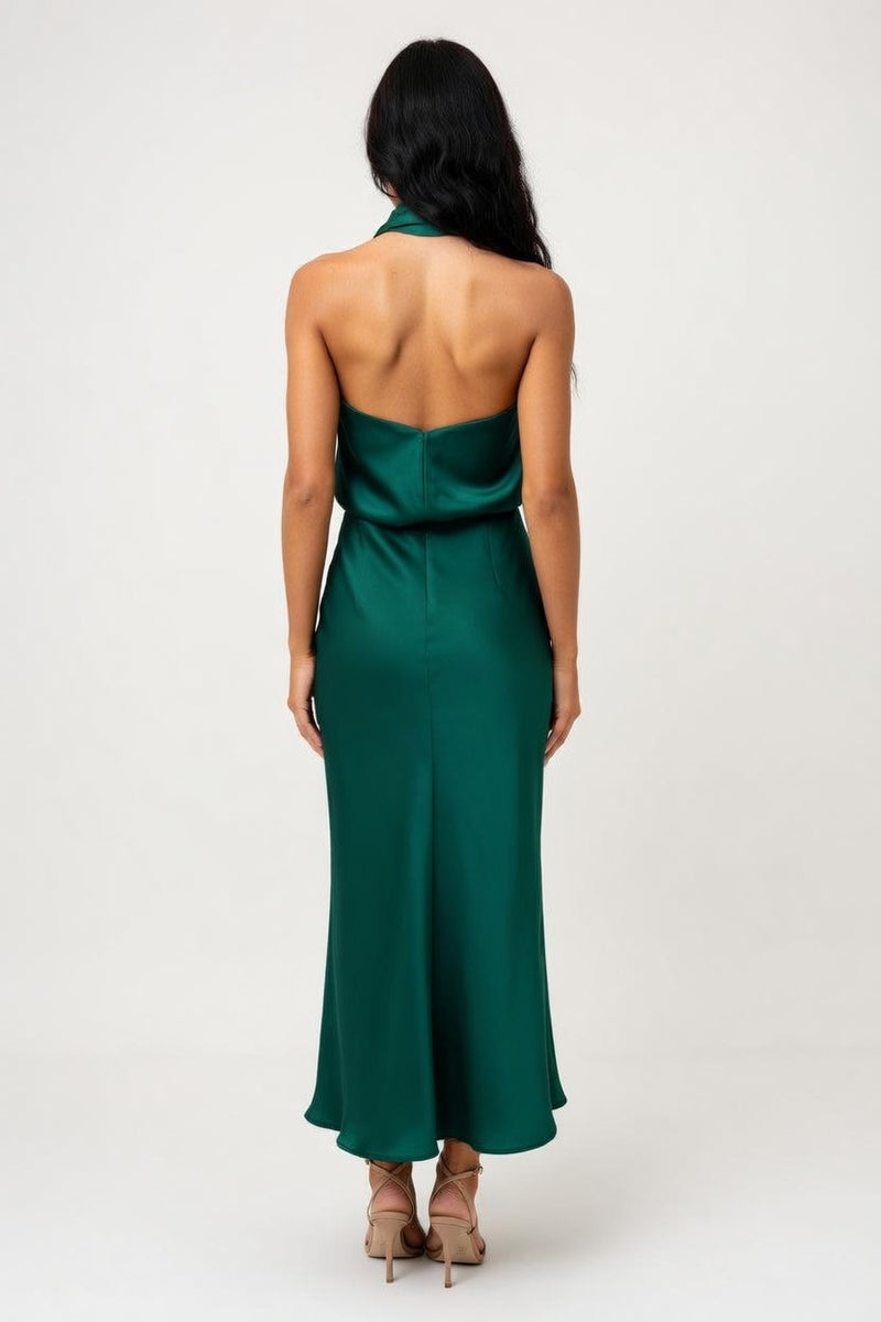 Sleeveless Satin Midi Dress — back view