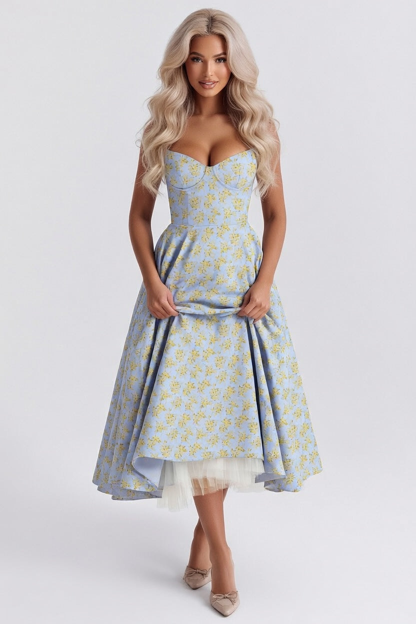 Double Layer Mesh Halter Dress — Blue Yellow Floral