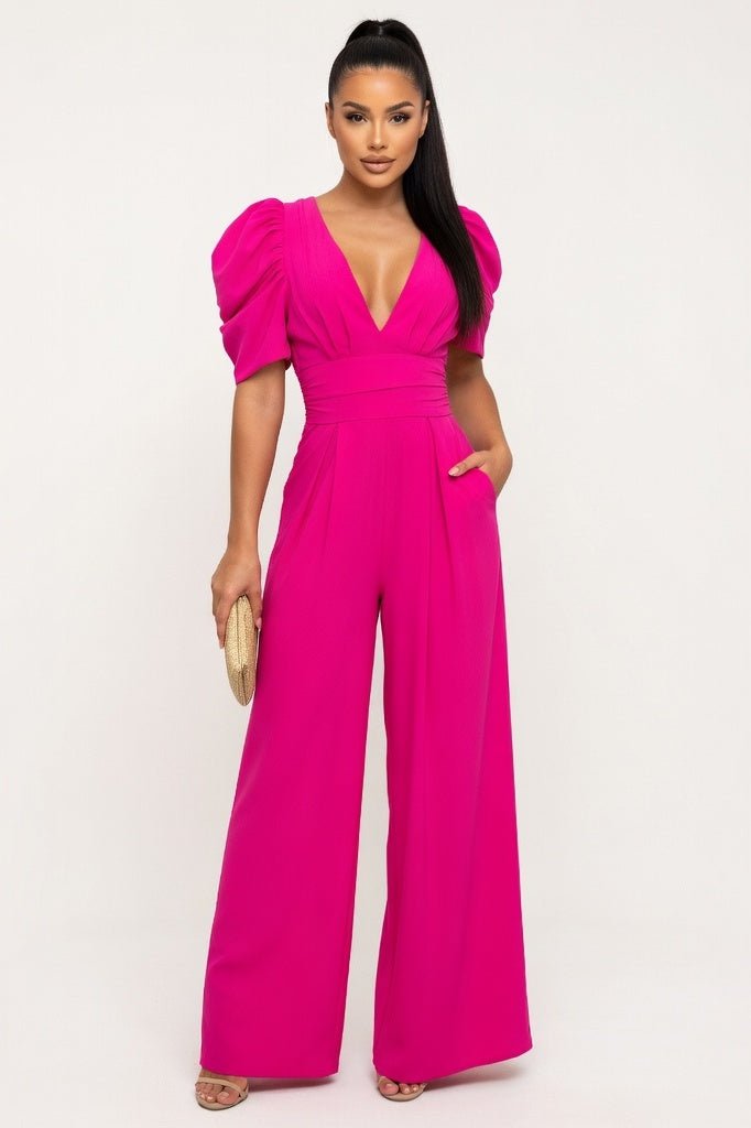 V-Neck Puff Sleeve Wide Leg Jumpsuit — Rose Red