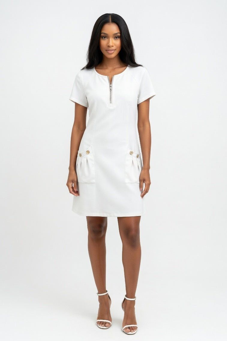 Zip Front Mini Dress — White
