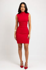 High Neck Pleated Waist Dress — Red
