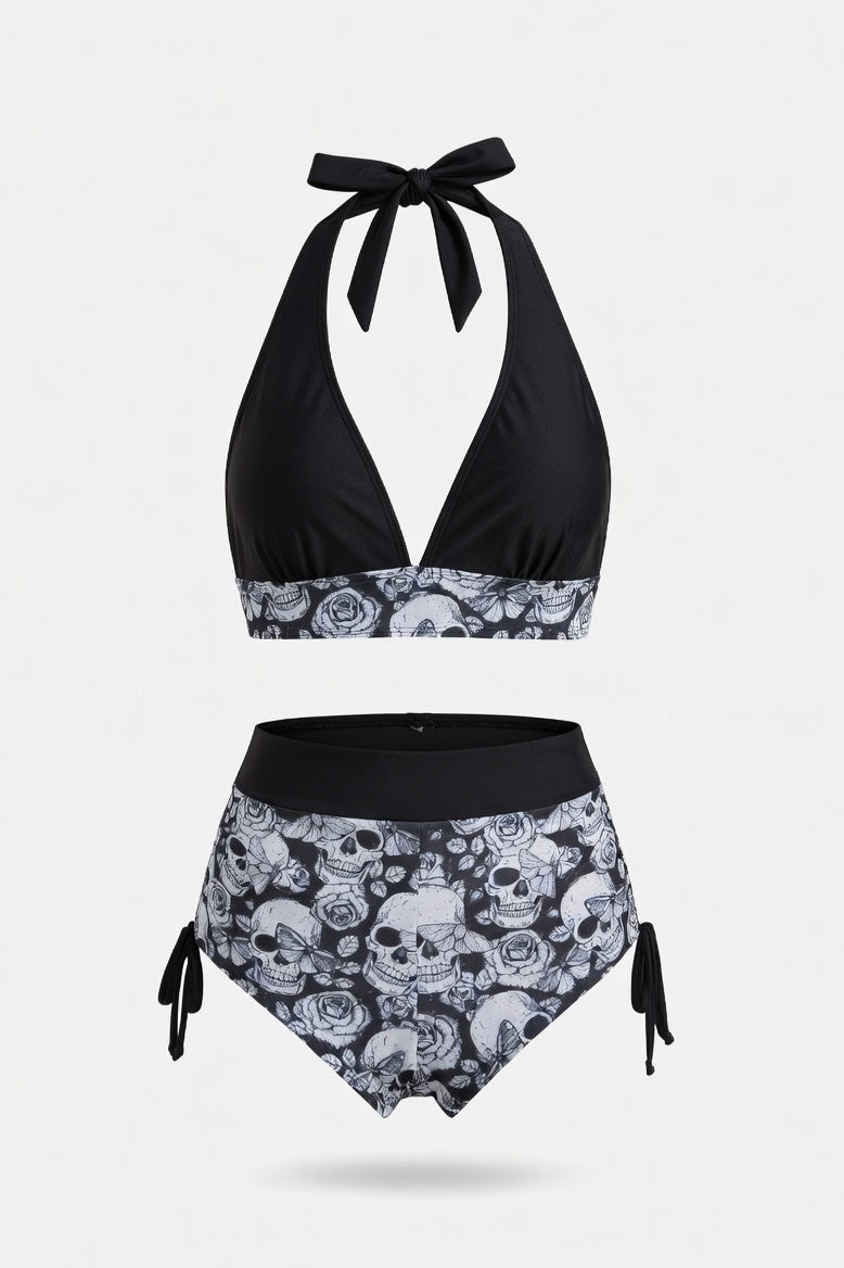 Skull Print One-Piece Swimsuit — Grey Skull