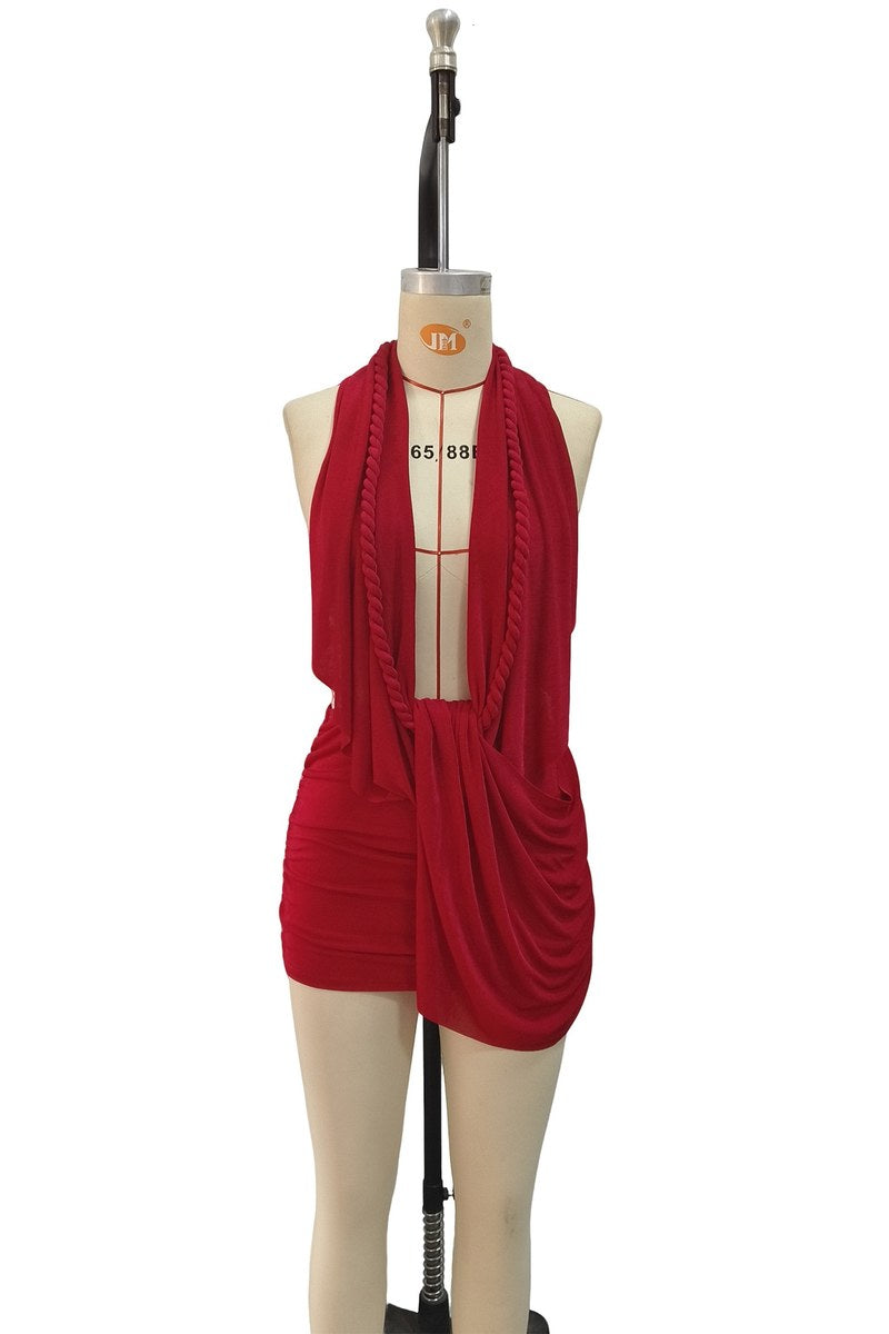 Deep V Halter Mini Dress — Red — colour variant