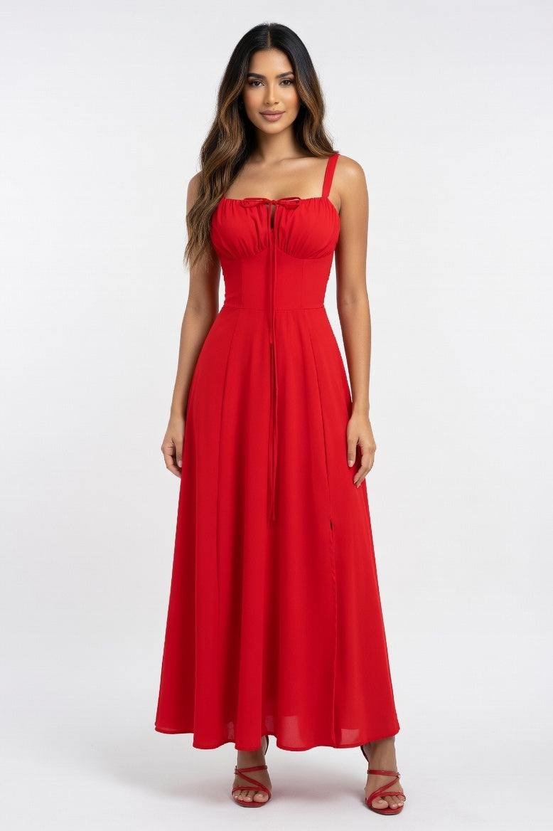 Printed Halter Maxi Dress — Red