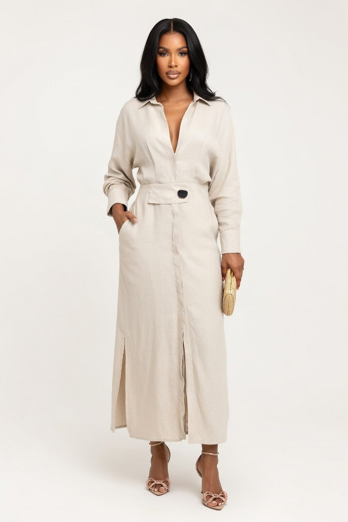 V-Neck Shirt Dress — Light Apricot