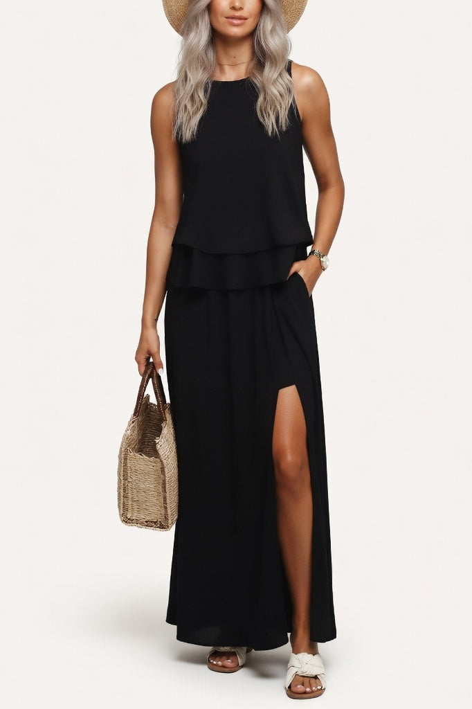 Halter Split Midi Dress — Black