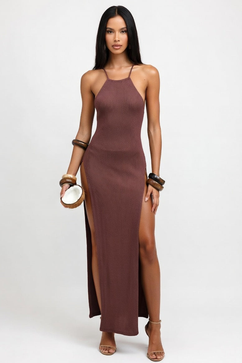 Knit Halter Dress with Side Slits — Dark Khaki