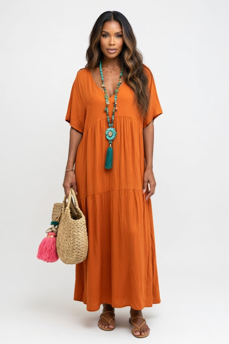 V-Neck Swing Dress — Orange