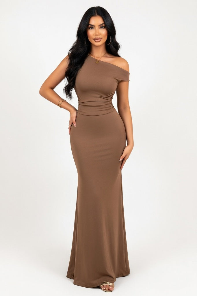 Off Shoulder Pleated Mini Dress — Coffee
