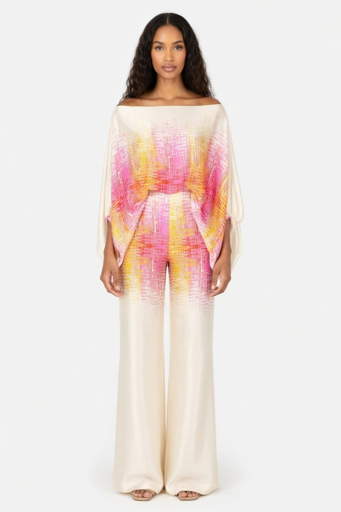 Printed Off-Shoulder Wide Leg Co-ord Set — Yellow Pink Gradient