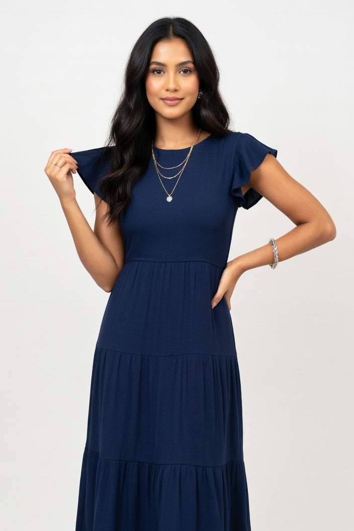 Tiered Mini Dress with Flutter Sleeves — Navy Blue