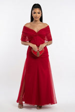 Printed Off-Shoulder Pleated Dress — Red