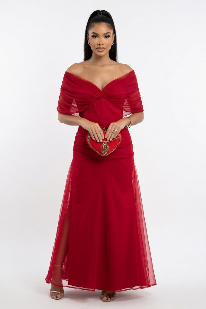 Printed Off-Shoulder Pleated Dress — Red
