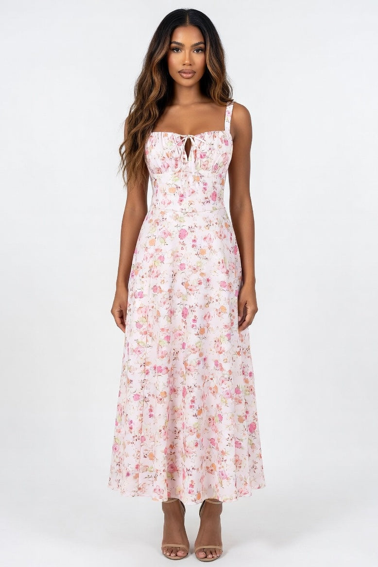 Printed Halter Maxi Dress — Orange Pink Floral