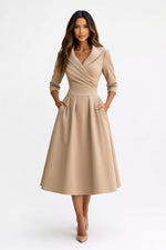 Satin Lapel Shirt Dress — Khaki