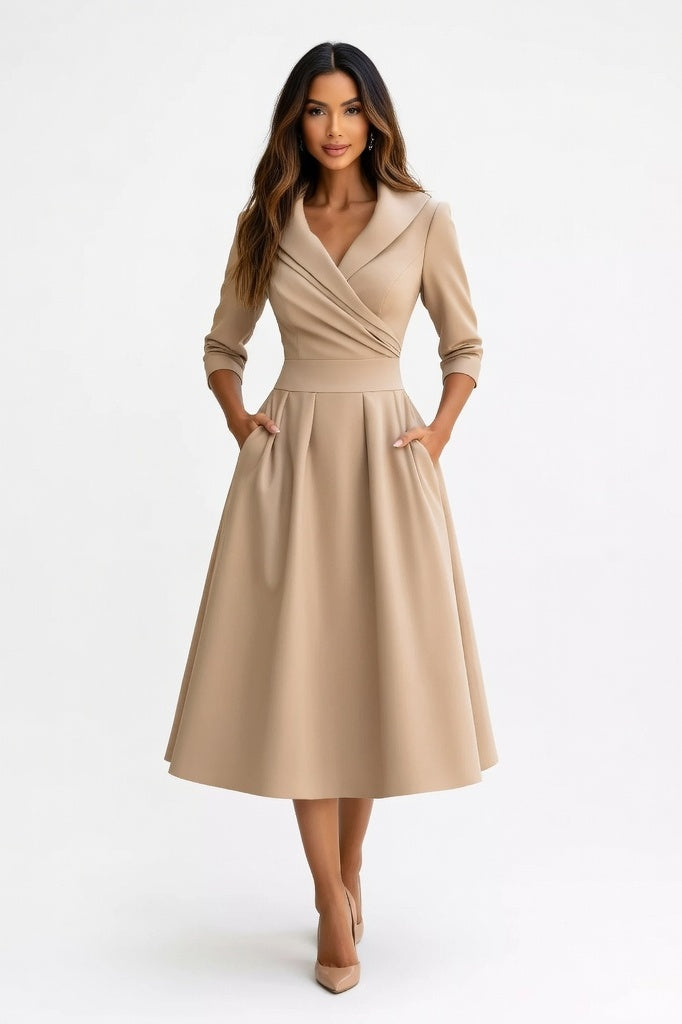 Satin Lapel Shirt Dress — Khaki