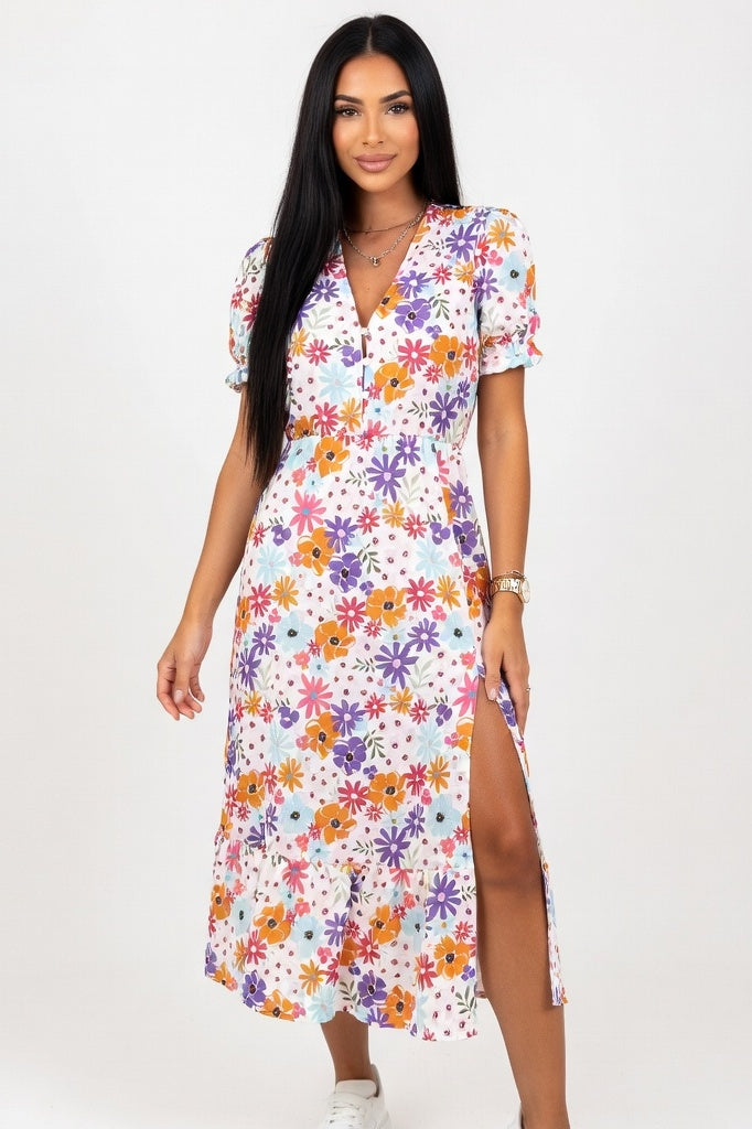 Deep V Mini Dress — Lotus Orange Floral