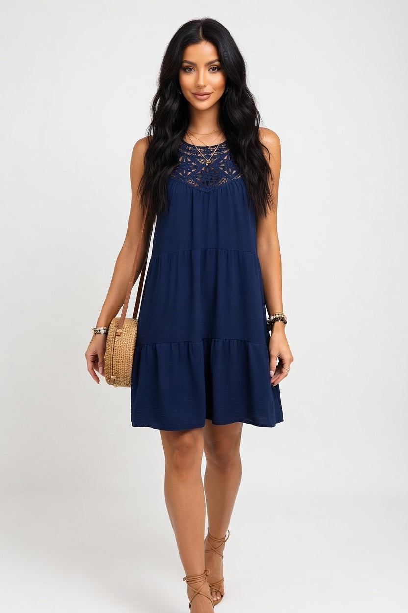 Lace Halterneck A-Line Dress — Navy Blue