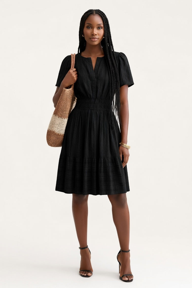 V-Neck Pleated Swing Dress — Black