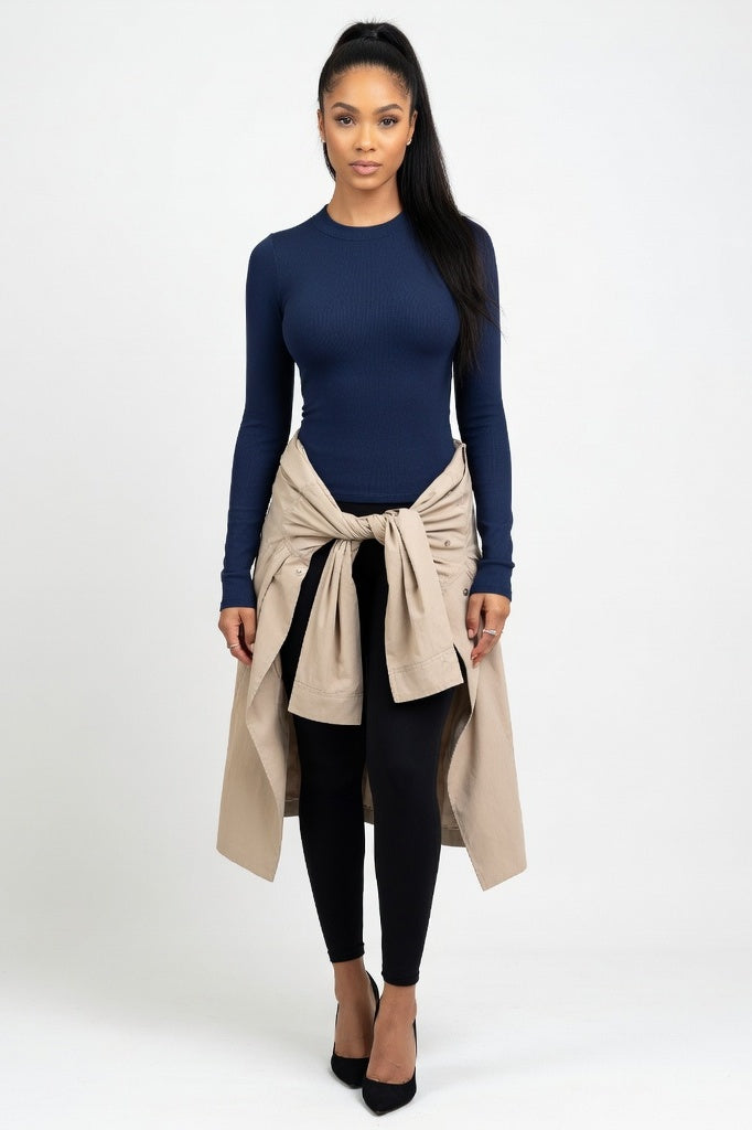 Ribbed Long Sleeve Fitted Top — Navy Blue
