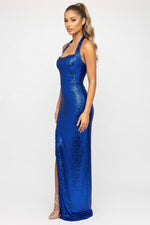 Sequined Halter Slit Dress — side view