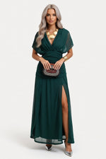 Printed Off-Shoulder Pleated Dress — Green
