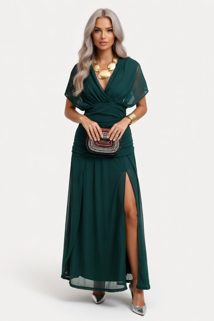 Printed Off-Shoulder Pleated Dress — Green