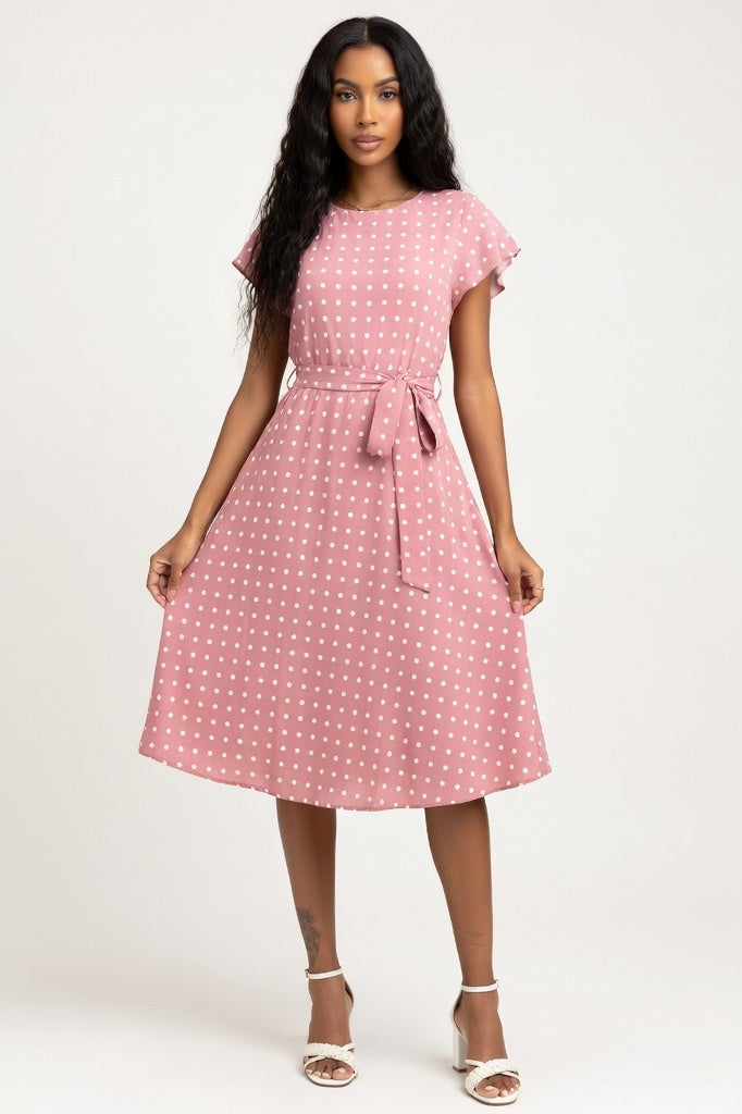 Polka Dot Pleated Dress — Pink