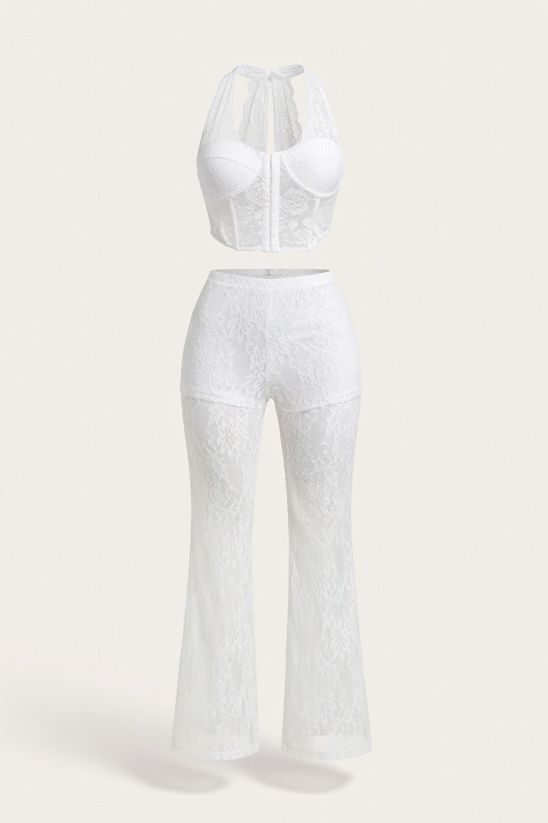 Hollow Lace Flare Trousers — White