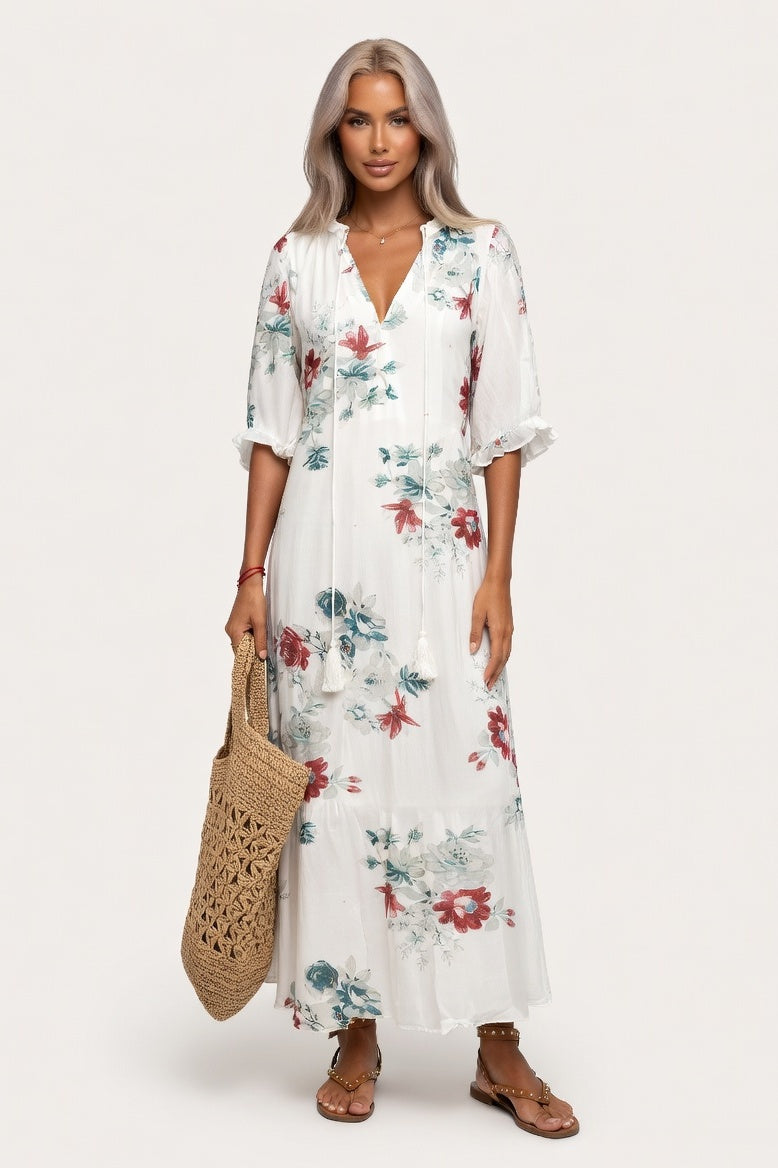 V-Neck Printed Mid-Sleeve Dress — White