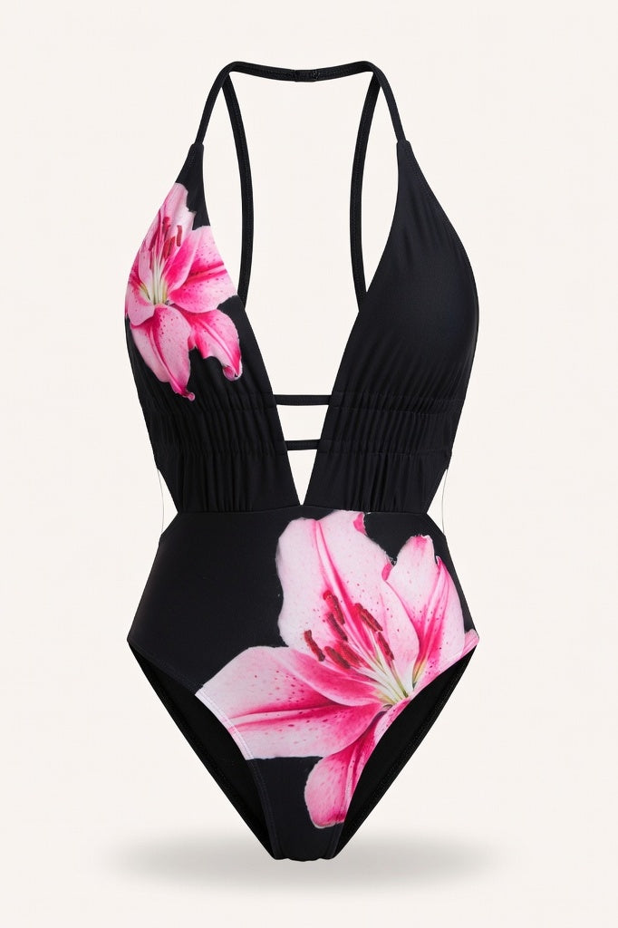 Printed Triangle Bikini Swimsuit — Black Blue Floral