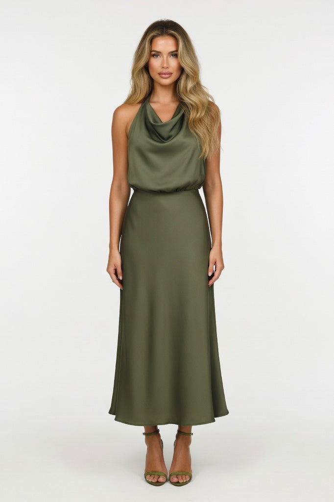 Satin Slip Dress — Army Green