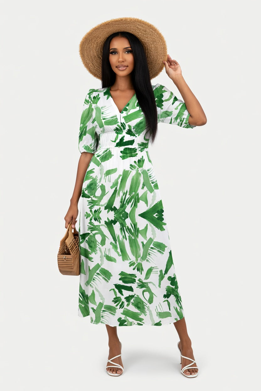 Printed Midi Dress — Light Green