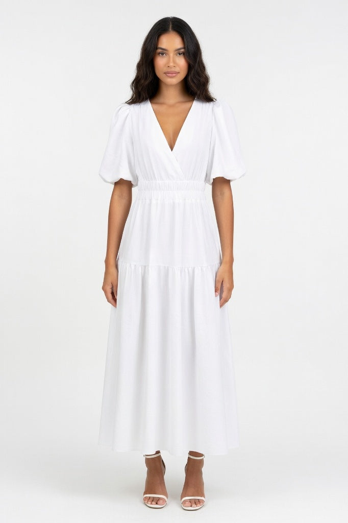 Deep V Puff Sleeve Maxi Dress — White