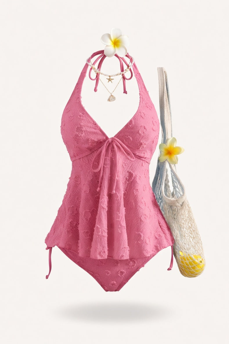 Lace Halter Swimsuit with Ruffle Detail — Deep Pink