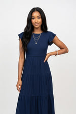 Pleated Short Sleeve Dress — Navy Blue