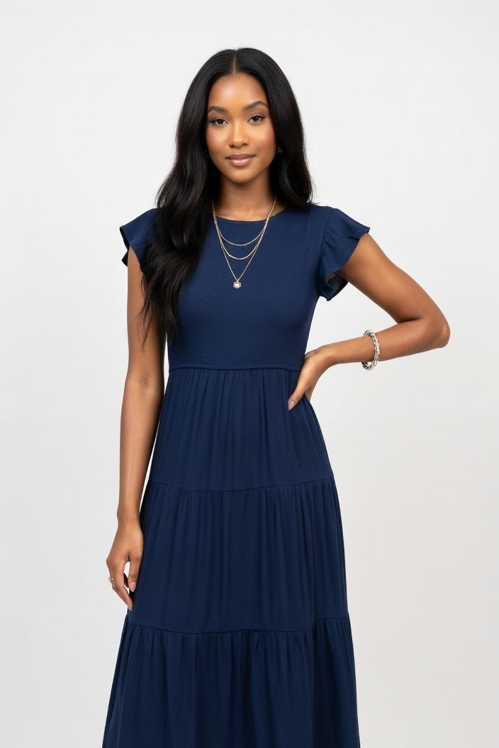 Pleated Short Sleeve Dress — Navy Blue