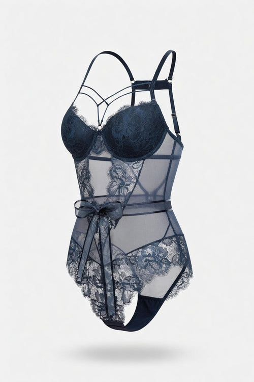 Lace Bodycon Jumpsuit with Bow Detail — side view