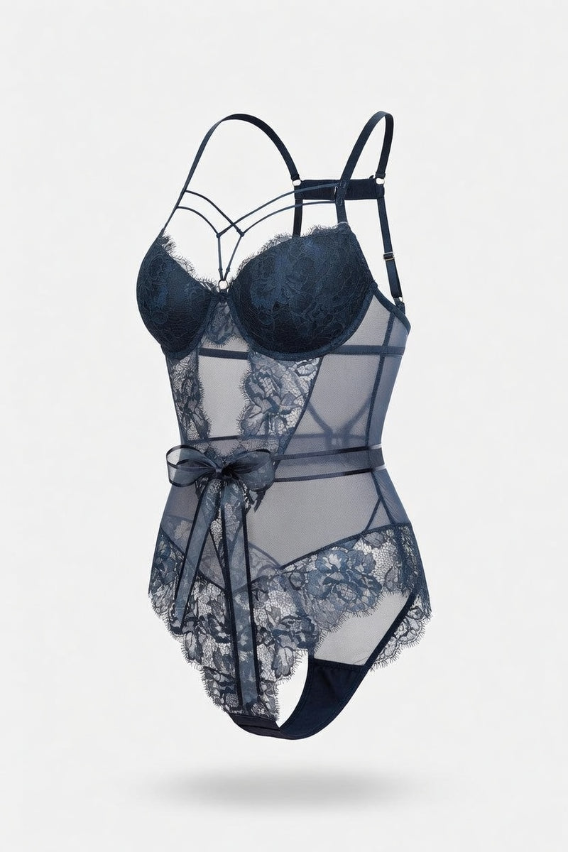 Lace Bodycon Jumpsuit with Bow Detail — side view