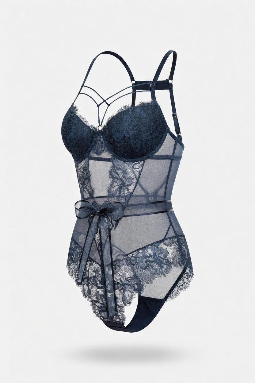 Lace Bodycon Jumpsuit with Bow Detail — side view