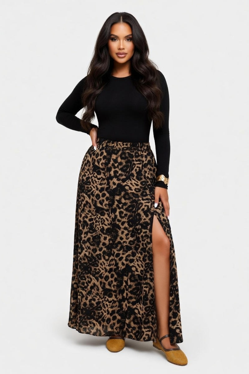 Printed Slit Midi Skirt — front view