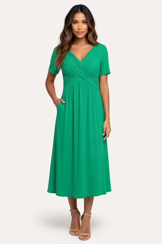 Draped Short Sleeve Dress — Green