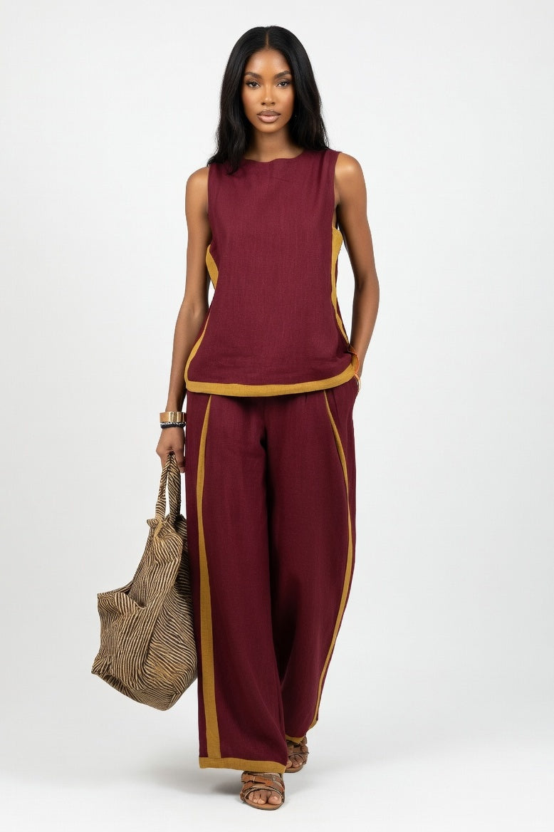 Contrast Wide Leg Co-Ord Set — Burgundy