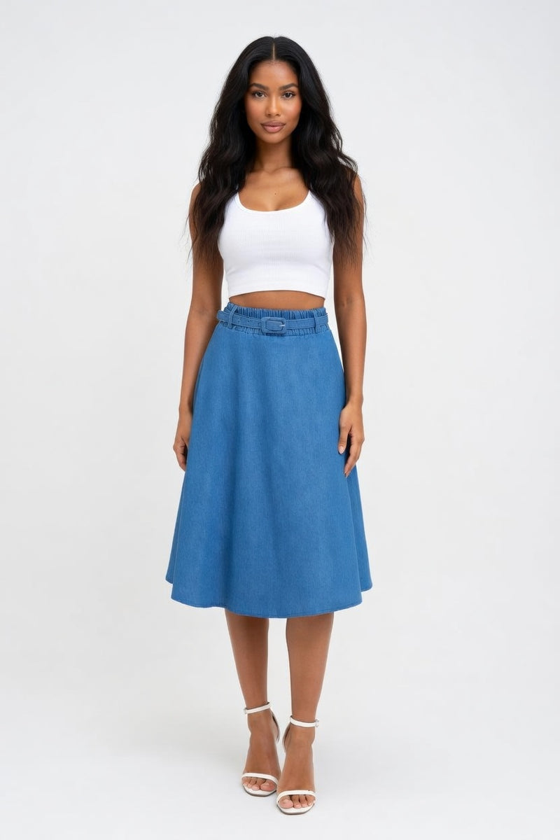 Denim A-Line Midi Skirt — Dark Blue