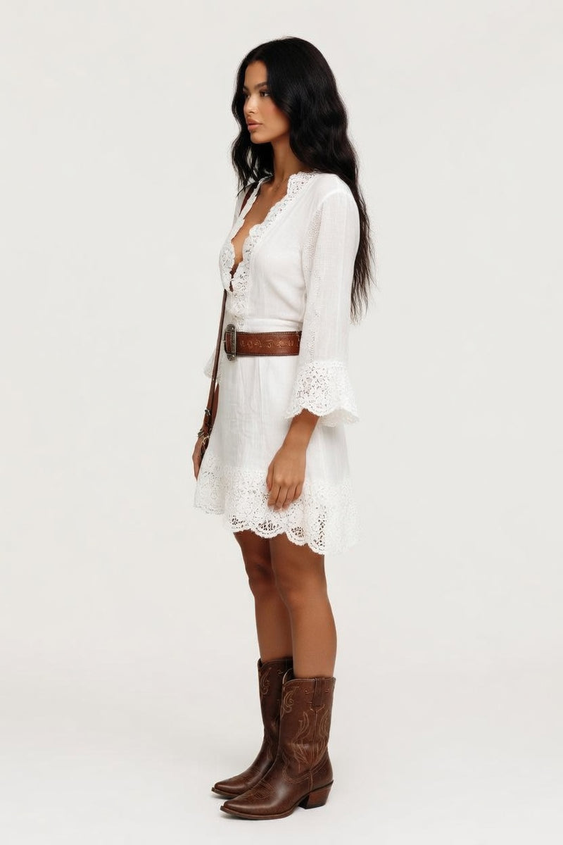 Lace Trim Bell Sleeve Midi Dress — side view