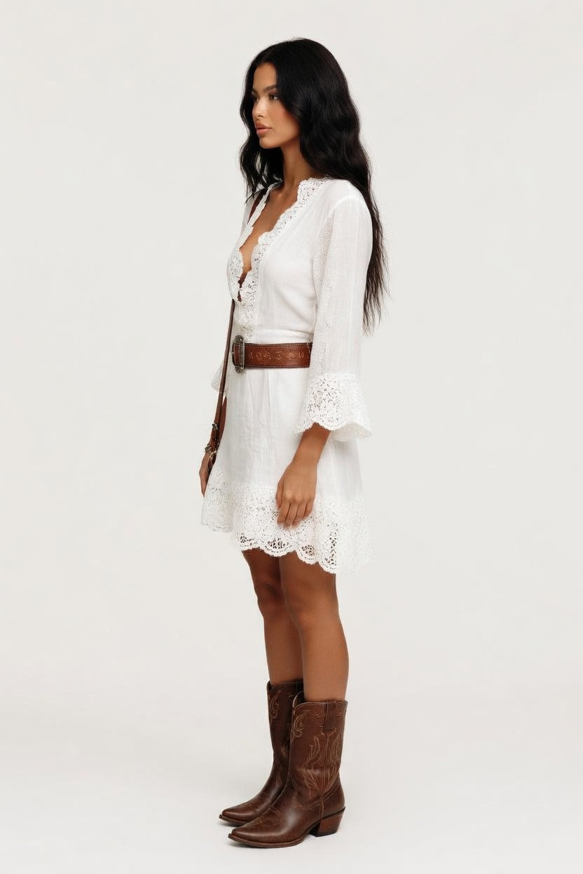 Lace Trim Bell Sleeve Midi Dress — side view