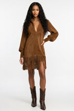 Suede V-Neck Mini Dress — Dark Brown