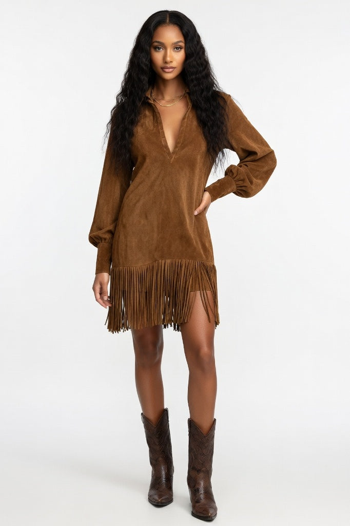 Suede V-Neck Mini Dress — Dark Brown