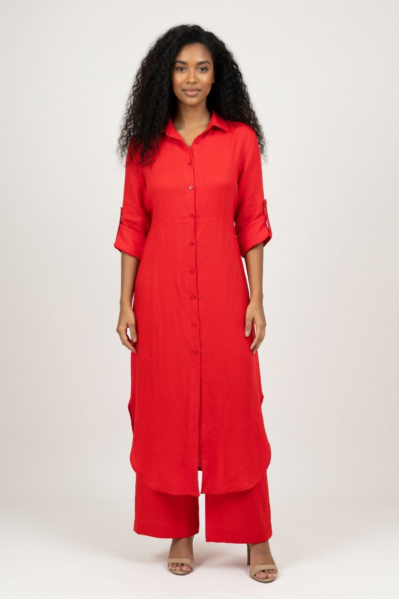 Cotton Linen Shirt & Wide Leg Trouser Co-ord — Red