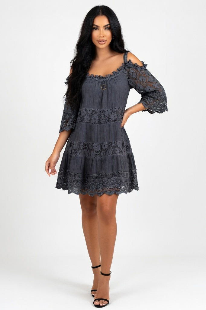 Off-Shoulder Lace Cami Dress — Black